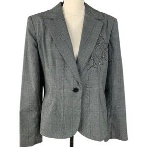 Oscar by Oscar de la Renta Jacket Women 14 Left Side Floral Gray Plaid 1 Button
